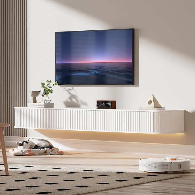 A975 PURFINO Balta pakabinama televizoriaus spintelė su RGB LED apšvietimu plotis 160 cm gylis 31 cm aukštis 20 cm apkrova iki 60 kg - PIGIUKAI
