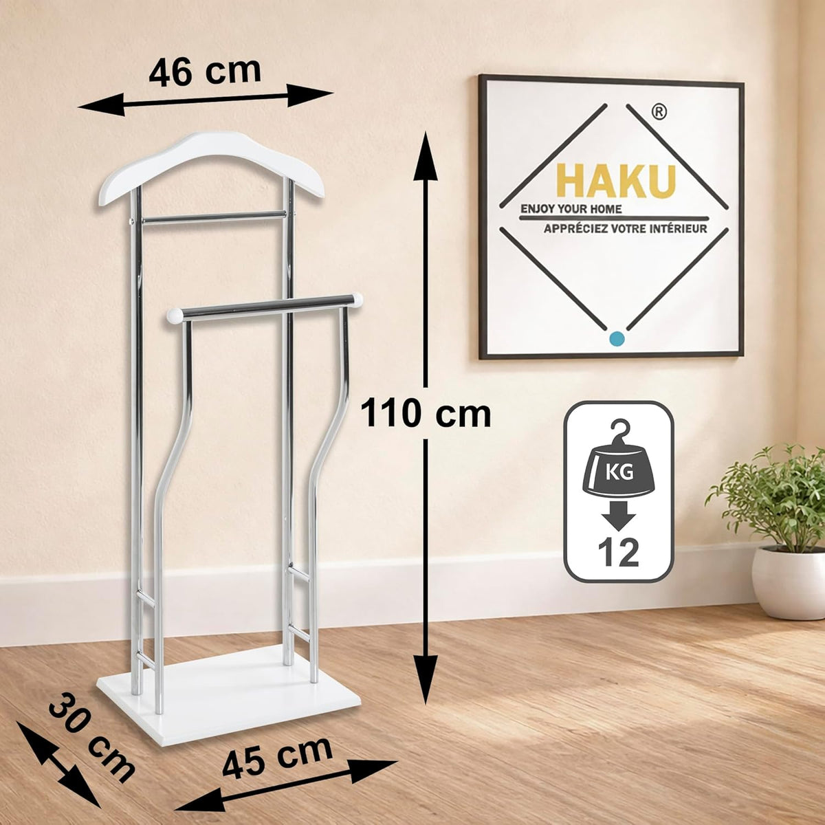 Drabužių (valet) stovas, aukštis 110 cm, plotis 45 cm, gylis 30 cm, HAKU Möbel, baltas su chromu