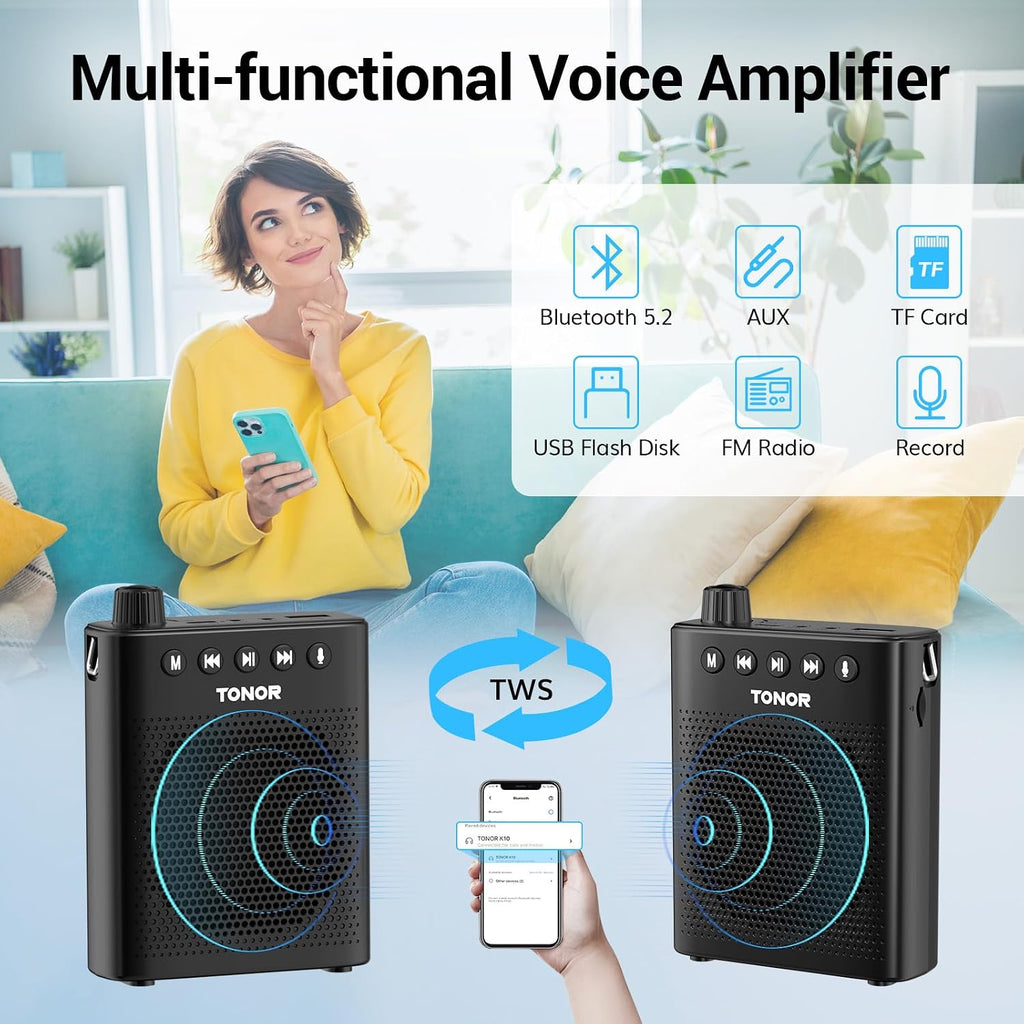 Įkraunama balso stiprintuvo sistema TONOR K10, 10W, Bluetooth 5.2, su laisvų rankų mikrofonu - PIGIUKAI