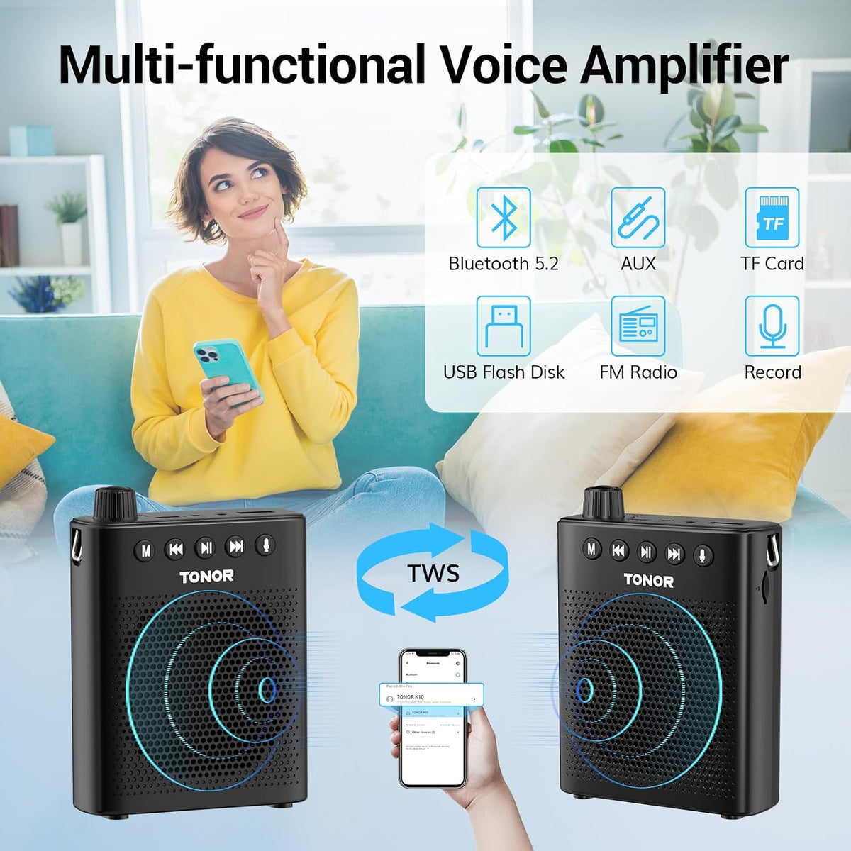 Įkraunama balso stiprintuvo sistema TONOR K10, 10W, Bluetooth 5.2, su laisvų rankų mikrofonu - PIGIUKAI