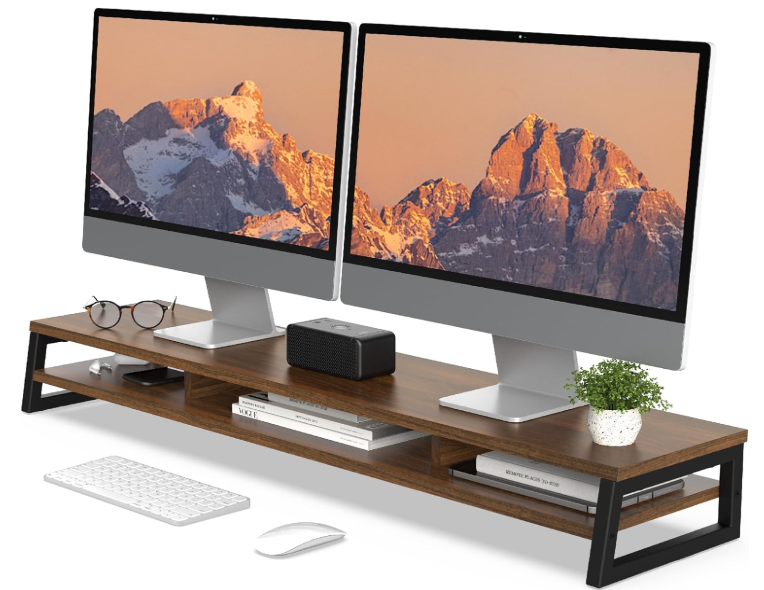 A146 Fenge Premium medinis–metalinis monitoriaus stovas su dviem lentynomis