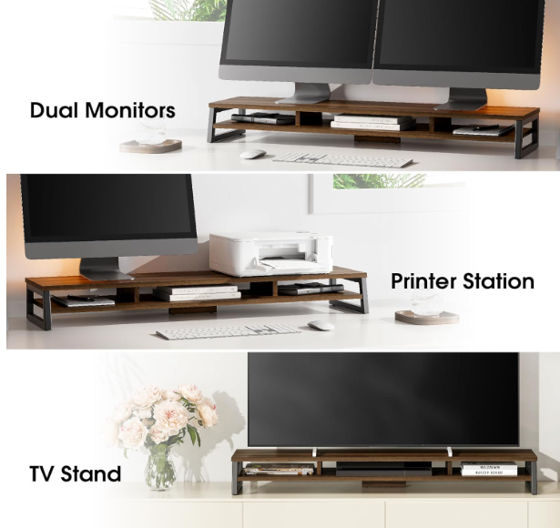 A146 Fenge Premium medinis–metalinis monitoriaus stovas su dviem lentynomis