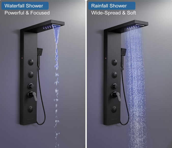 A147 Nerūdijančio plieno dušo panelė su krioklio, lietaus ir masažinėmis funkcijomis