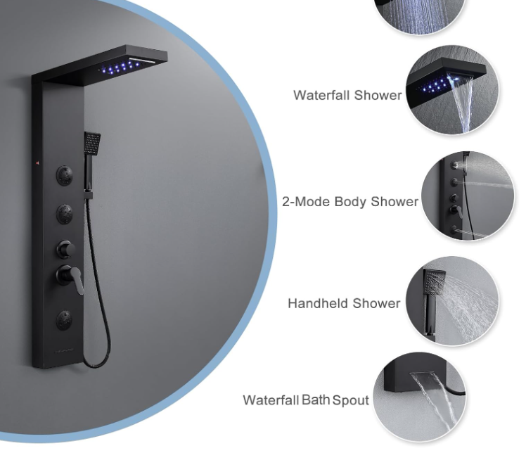 A147 Nerūdijančio plieno dušo panelė su krioklio, lietaus ir masažinėmis funkcijomis