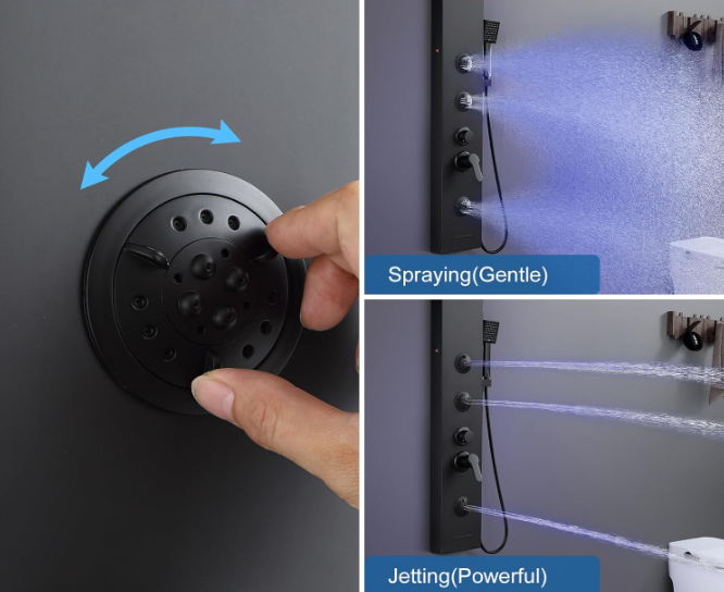 A147 Nerūdijančio plieno dušo panelė su krioklio, lietaus ir masažinėmis funkcijomis