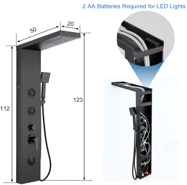 A147 Nerūdijančio plieno dušo panelė su krioklio, lietaus ir masažinėmis funkcijomis