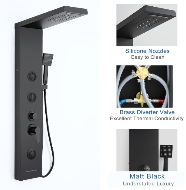 A147 Nerūdijančio plieno dušo panelė su krioklio, lietaus ir masažinėmis funkcijomis