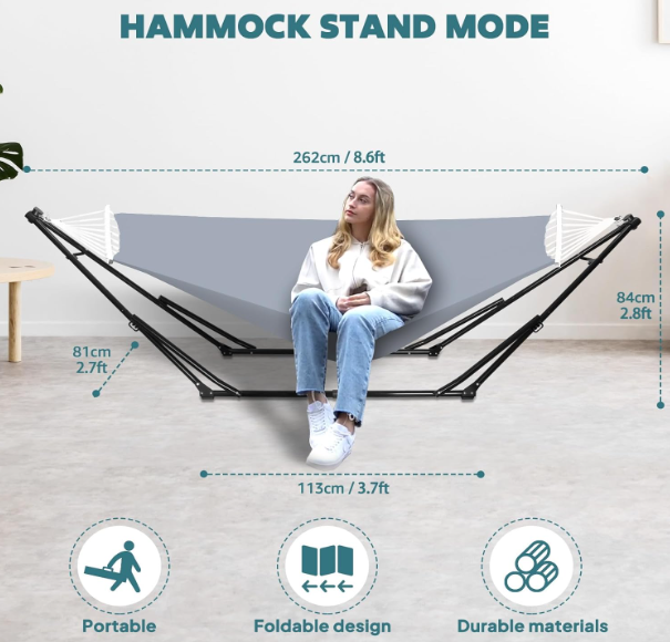 A152 Nešiojamas hamakas–kėdė su stovu