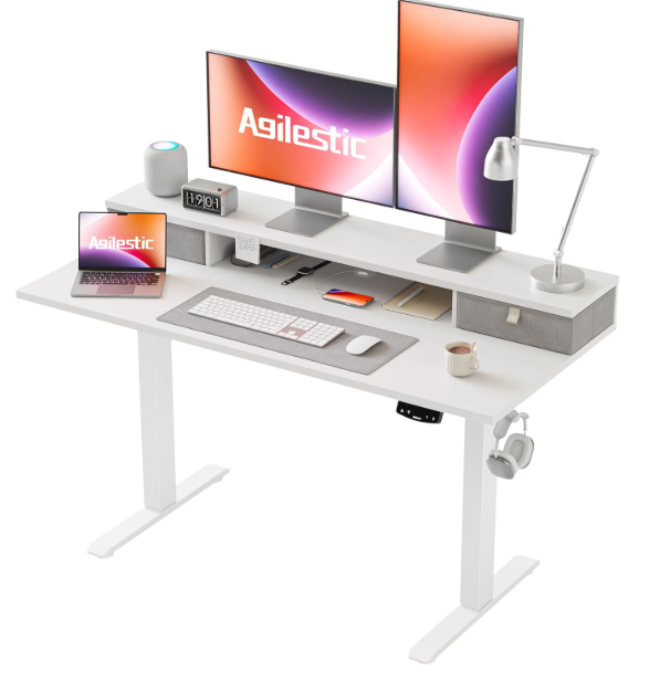 A84 Baltas stalas reguliuojamo aukščio su papildoma lentyna ir stalčiukais, baltos kojos 120 x 60 cm