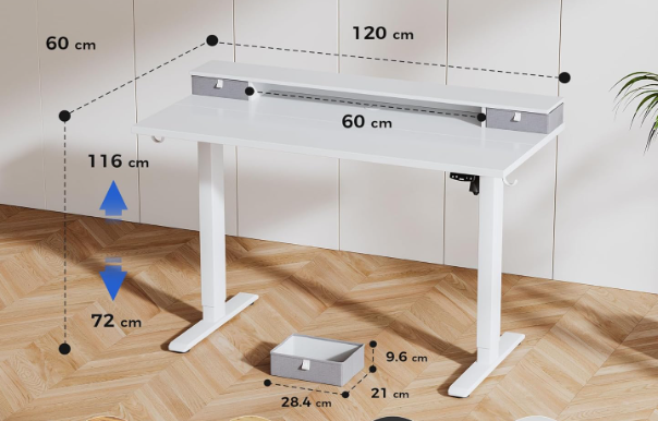 A84 Baltas stalas reguliuojamo aukščio su papildoma lentyna ir stalčiukais, baltos kojos 120 x 60 cm