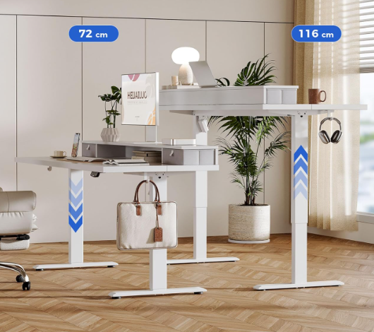 A84 Baltas stalas reguliuojamo aukščio su papildoma lentyna ir stalčiukais, baltos kojos 120 x 60 cm