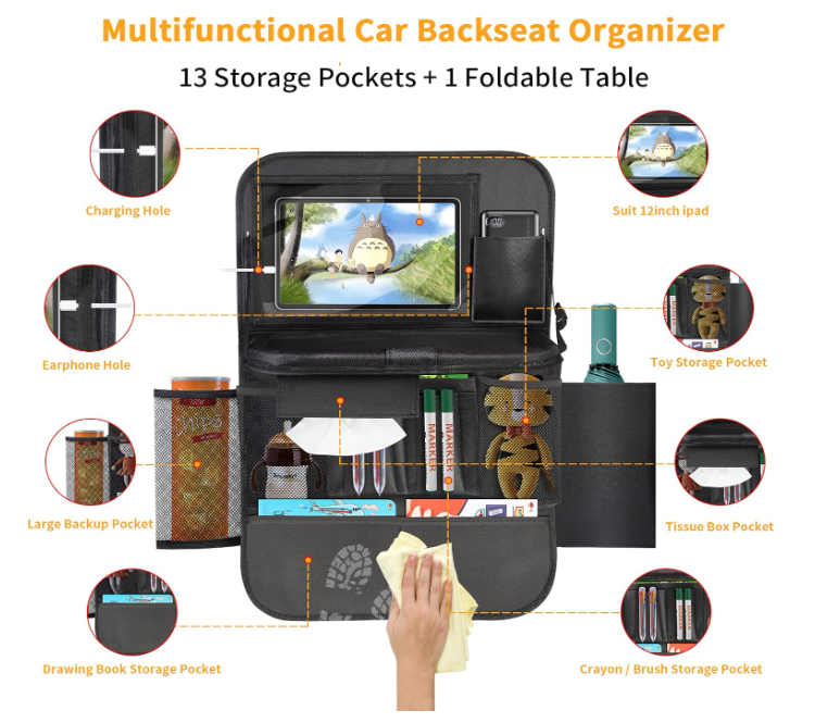 Vaikų Automobilio Sėdynės Organizatorius su Sulankstomu Staliuku ir iPad Dėklu