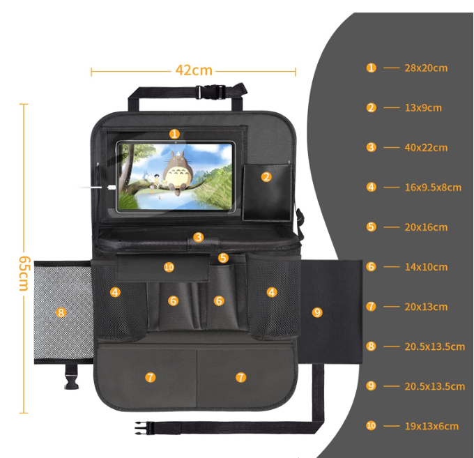 Vaikų Automobilio Sėdynės Organizatorius su Sulankstomu Staliuku ir iPad Dėklu