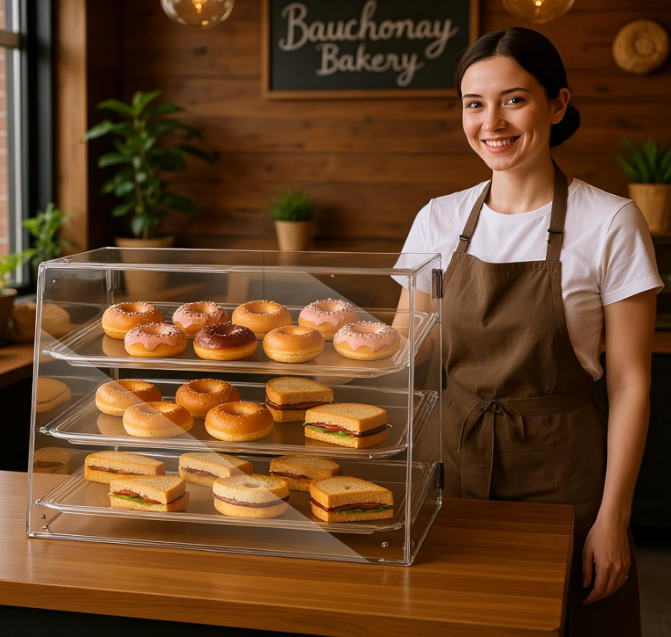 A198 Pažeista prekė. Aukšto skaidrumo akrilinis konditerijos vitrinos dėklas