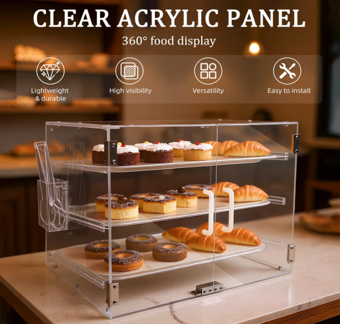A198 Pažeista prekė. Aukšto skaidrumo akrilinis konditerijos vitrinos dėklas