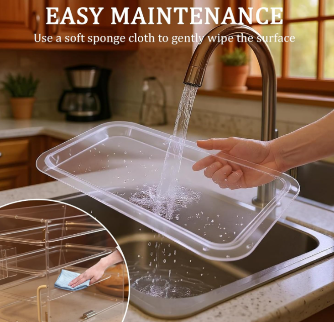 A198 Pažeista prekė. Aukšto skaidrumo akrilinis konditerijos vitrinos dėklas