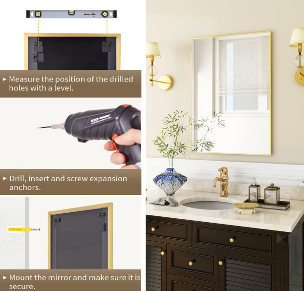 A290 Stačiakampis sieninis veidrodis auksiniu rėmu