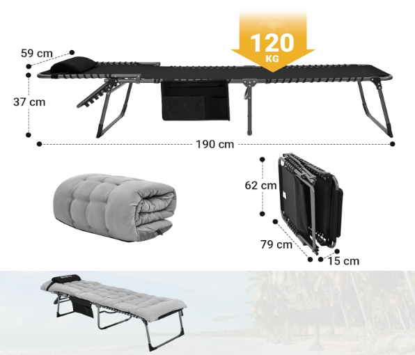 A296 Pažeista prekė. Juodas sulankstomas gultas–kėdė su paminkštinimu.