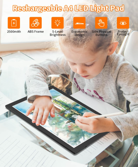 A307 A4 LED Šviesos Planšetė Piešimui ir Perpiešimui su Reguliuojamu Ryškumu