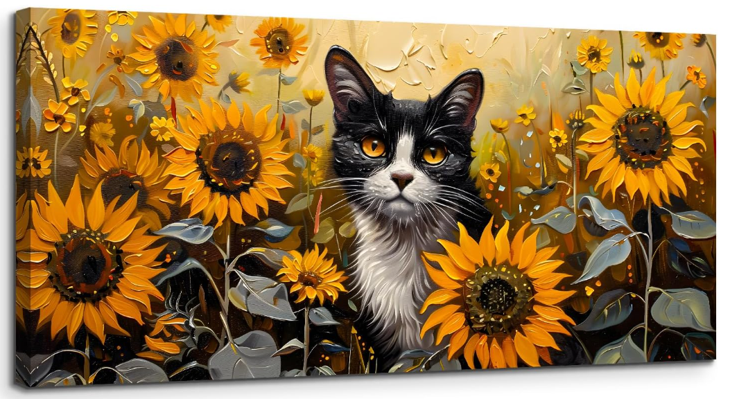 A311 Didelės Drobės Paveikslas su juodai baltu katinu ir saulėgrąžomis