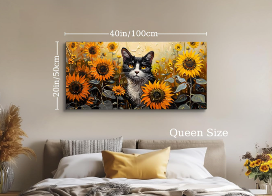 A311 Didelės Drobės Paveikslas su juodai baltu katinu ir saulėgrąžomis