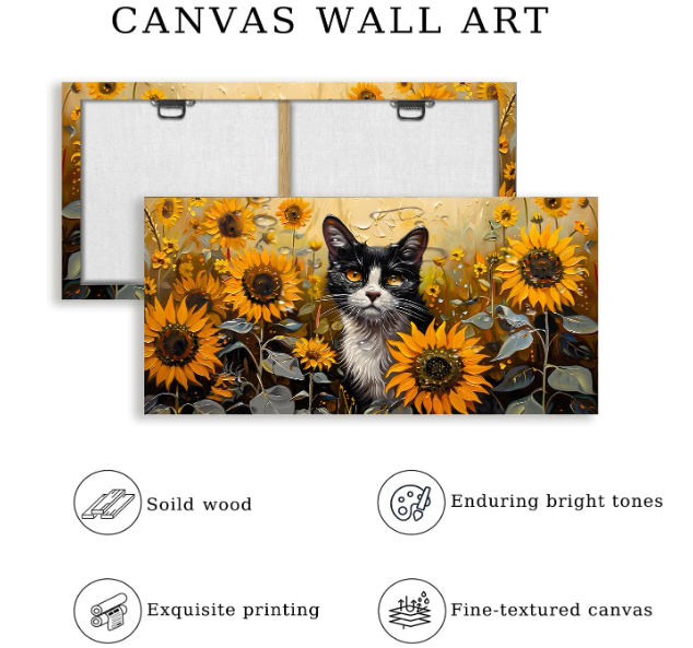 A311 Didelės Drobės Paveikslas su juodai baltu katinu ir saulėgrąžomis