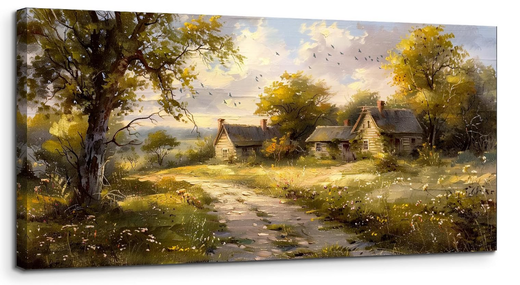 A313 Drobės Paveikslas su kaimo vaizdu