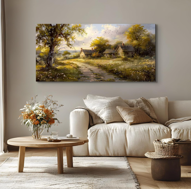 A313 Drobės Paveikslas su kaimo vaizdu