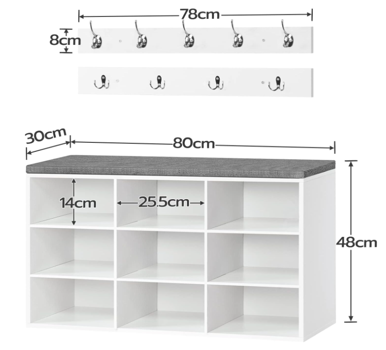 A343 Pažeista prekė.  Daugiafunkcinis batų suoliukas su paltų kabykla