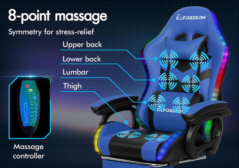 A356 LED žaidimų kėdė – RGB apšvietimas, masažas, 180 kg