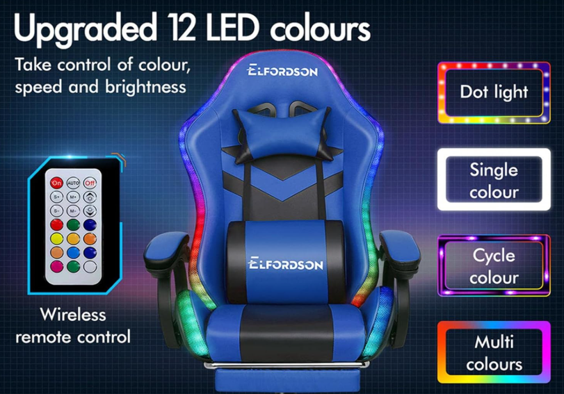 A356 LED žaidimų kėdė – RGB apšvietimas, masažas, 180 kg