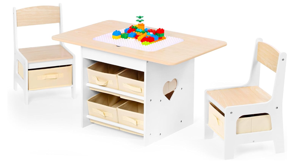 A366 Pažeista prekė. Vaikiškas stalas su kėdėmis ir daiktų laikymo stalčiais