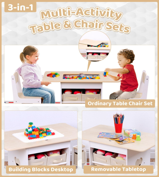 A366 Pažeista prekė. Vaikiškas stalas su kėdėmis ir daiktų laikymo stalčiais