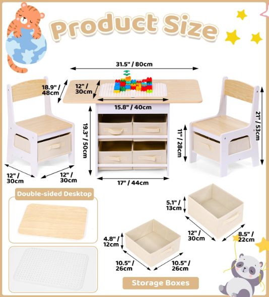 A366 Pažeista prekė. Vaikiškas stalas su kėdėmis ir daiktų laikymo stalčiais