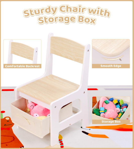 A366 Pažeista prekė. Vaikiškas stalas su kėdėmis ir daiktų laikymo stalčiais