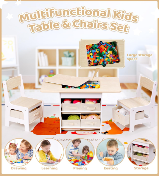 A366 Pažeista prekė. Vaikiškas stalas su kėdėmis ir daiktų laikymo stalčiais