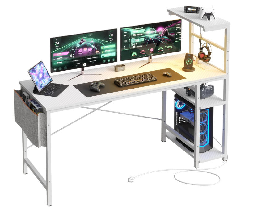 A375 Pažeista prekė - Kampinis darbo stalas su LED apšvietimu ir elektros lizdais