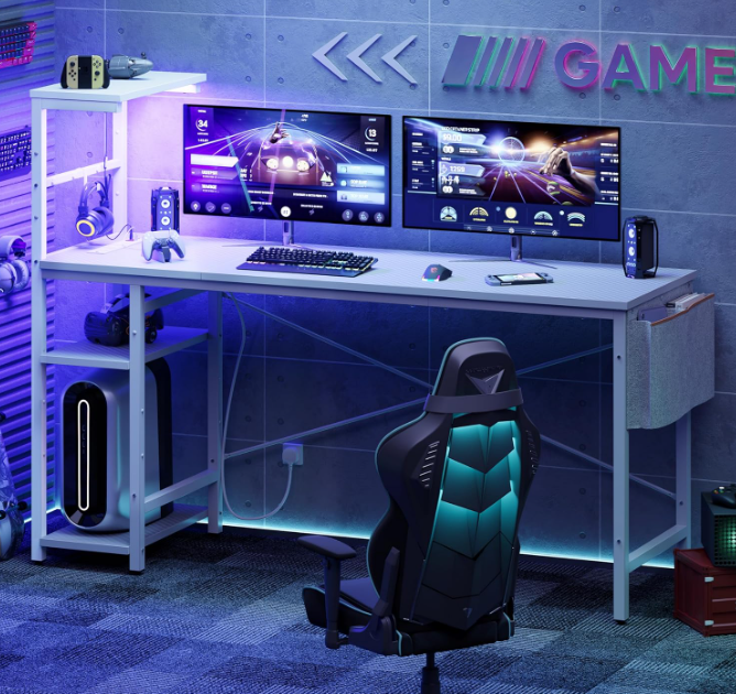 A375 Pažeista prekė - Kampinis darbo stalas su LED apšvietimu ir elektros lizdais