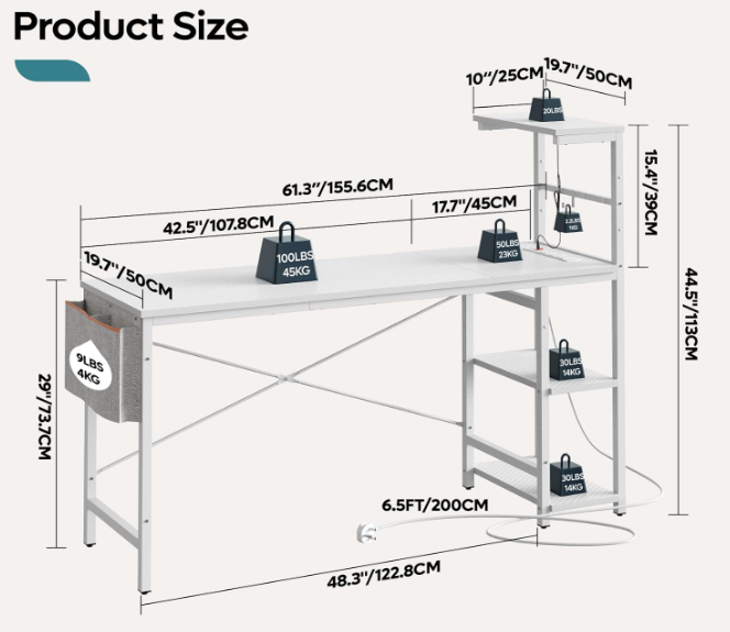 A375 Pažeista prekė - Kampinis darbo stalas su LED apšvietimu ir elektros lizdais
