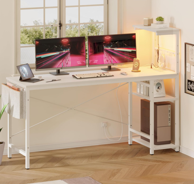 A375 Pažeista prekė - Kampinis darbo stalas su LED apšvietimu ir elektros lizdais