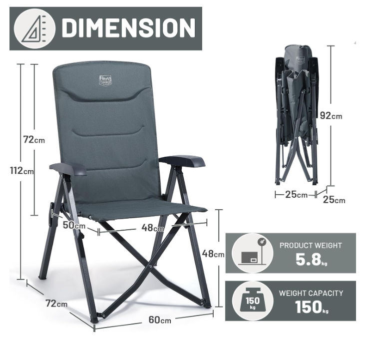 A423 Reguliuojama sulankstoma kempingo kėdė su aukšta atrama