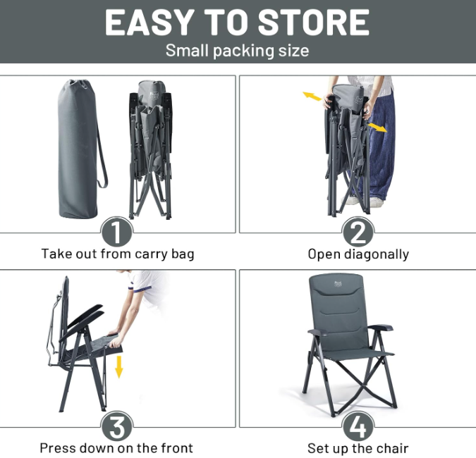 A423 Reguliuojama sulankstoma kempingo kėdė su aukšta atrama