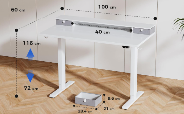 A425 Baltas reguliuojamo aukščio stalas su 2 Stalčiais 100cm x 60cm