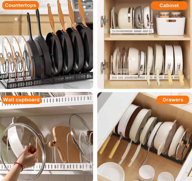 A446 Reguliuojamas puodų ir dangčių laikiklis spintelėms (30–58 cm, 10 pertvarų)