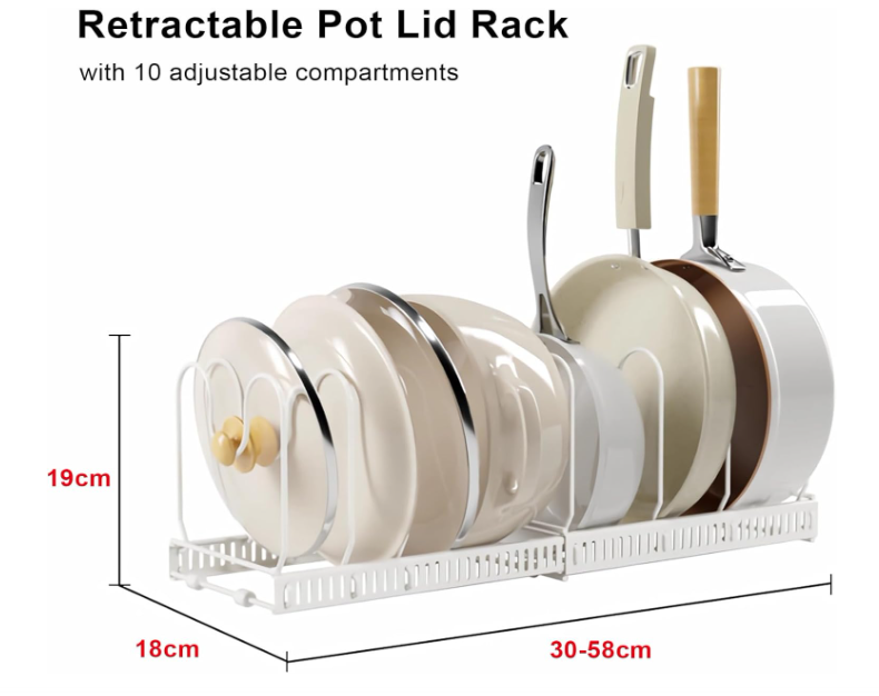 A446 Reguliuojamas puodų ir dangčių laikiklis spintelėms (30–58 cm, 10 pertvarų)