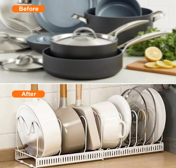 A446 Reguliuojamas puodų ir dangčių laikiklis spintelėms (30–58 cm, 10 pertvarų)