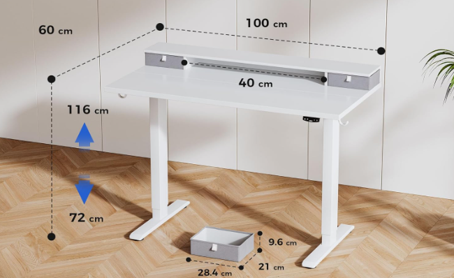 A457 Baltas reguliuojamo aukščio stalas su 2 stalčiais 100x60