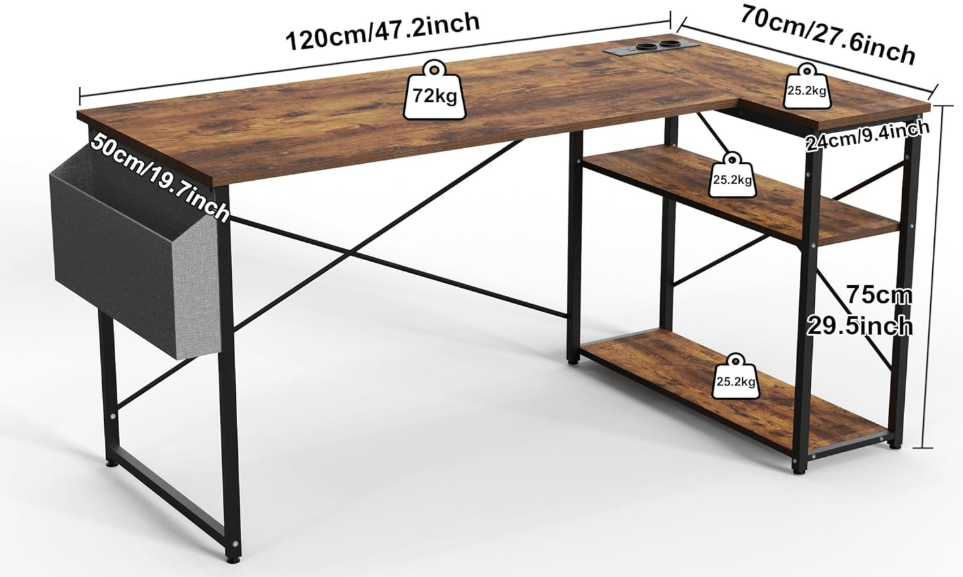 A577 Pažeista prekė Rudas L formos kampinis darbo stalas su integruotu maitinimo lizdu 120x70
