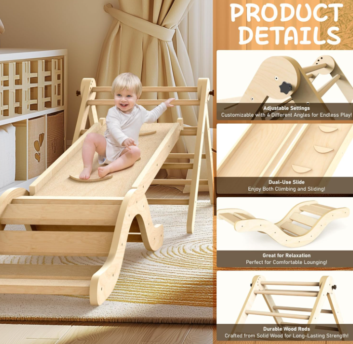 A872 Montessori lipimo kompleksas 7-in-1: kopėčios, čiuožykla, arka ir kilimėlis vaikams (1-3 m.)