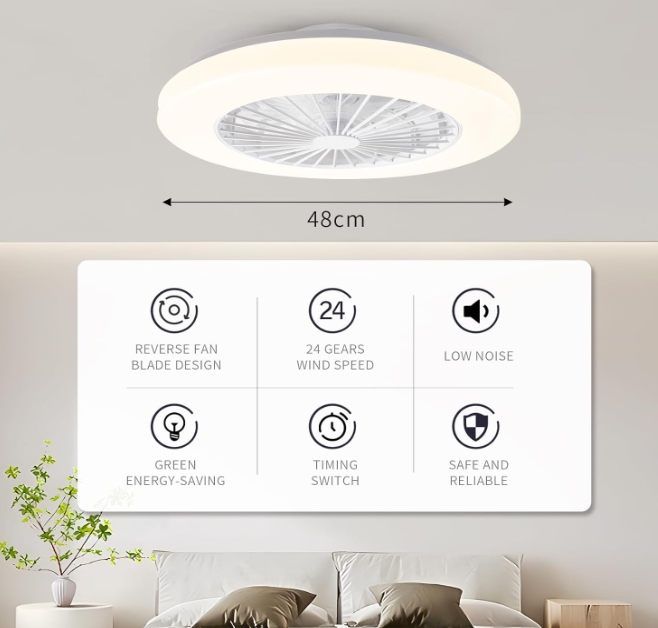 A890 Lubinis LED šviestuvas su ventiliatoriumi, 48 cm skersmens, baltas